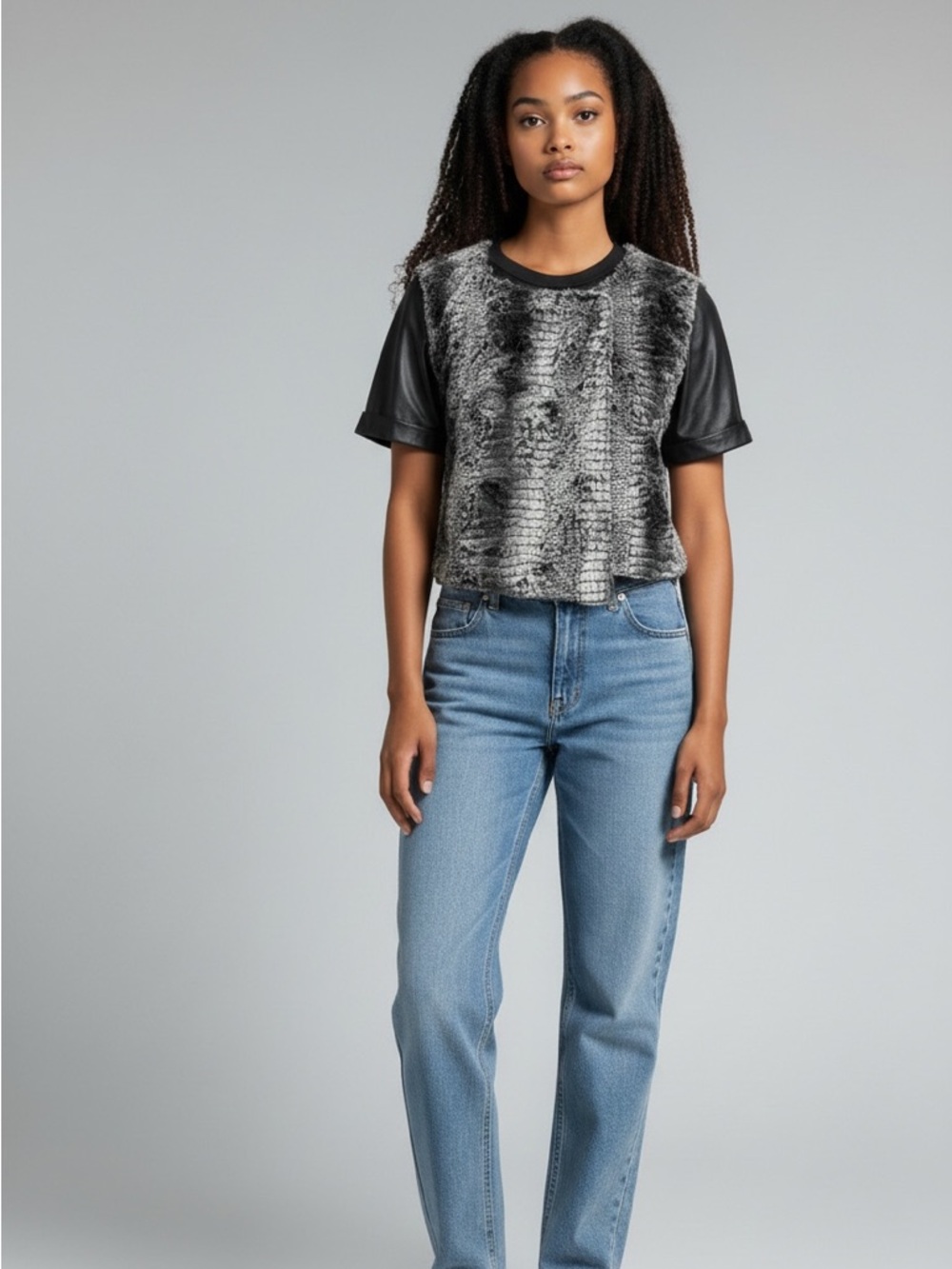 Faux Fur Cropped Tee - Black and Gray